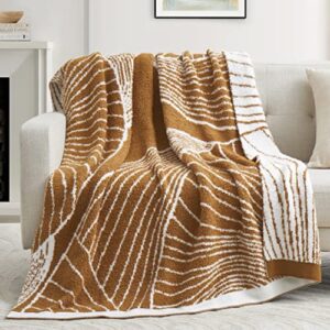 oli anderson sector knit throw blanket for couch, lightweight cozy blanket and throws with plush reversible microfiber, fluffy blanket for travel, bed, sofa, 60″x80″, caramel