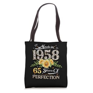 womens 65 year old leopard made in 1958 floral 65th birthday tote bag