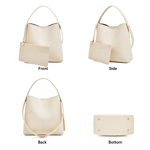 FOXLOVER Leather Tote Shouder Handbags for Women, Ladies Large Designer Handbags Tote Purses Shoulder Bucket Bags (White)