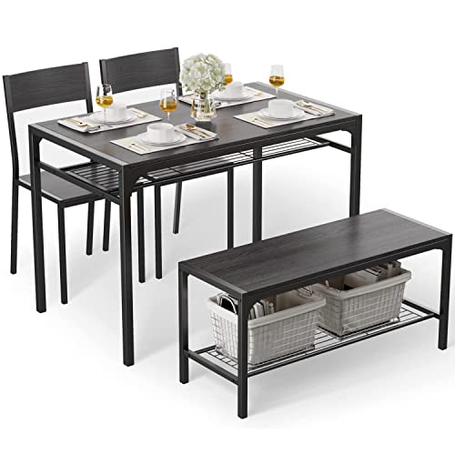 Gizoon Kitchen Table and 2 Chairs for 4 with Bench, 4 Piece Dining Table Set for Small Space, Apartment, Black