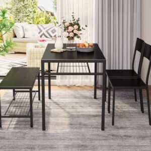 Gizoon Kitchen Table and 2 Chairs for 4 with Bench, 4 Piece Dining Table Set for Small Space, Apartment, Black