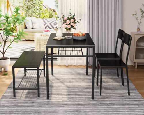 Gizoon Kitchen Table and 2 Chairs for 4 with Bench, 4 Piece Dining Table Set for Small Space, Apartment, Black