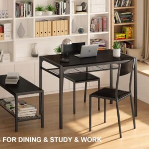 Gizoon Kitchen Table and 2 Chairs for 4 with Bench, 4 Piece Dining Table Set for Small Space, Apartment, Black