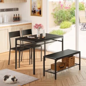 Gizoon Kitchen Table and 2 Chairs for 4 with Bench, 4 Piece Dining Table Set for Small Space, Apartment, Black