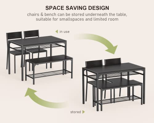 Gizoon Kitchen Table and 2 Chairs for 4 with Bench, 4 Piece Dining Table Set for Small Space, Apartment, Black