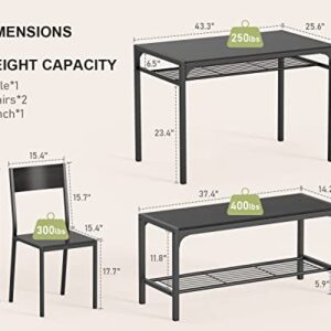 Gizoon Kitchen Table and 2 Chairs for 4 with Bench, 4 Piece Dining Table Set for Small Space, Apartment, Black