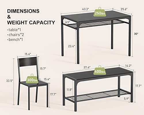 Gizoon Kitchen Table and 2 Chairs for 4 with Bench, 4 Piece Dining Table Set for Small Space, Apartment, Black