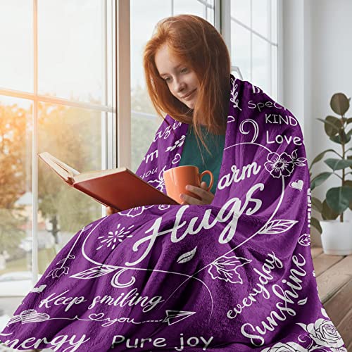 Warm Hugs Gift Throw Blanket,Inspirational Gifts for Women, Get Well Soon Gifts, Appreciation Gifts, Encouragement Gifts, 50"x 60"Purple Throw Blankets Gifts for Birthday Love Support Friendship