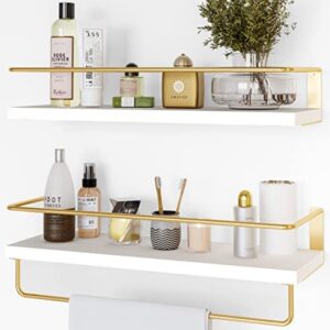 OnlySky White Floating Shelves with Golden Towel Rack - Set of 2 Wall Mounted Hanging Bathroom Shelves, Decorative Shelves for Stylish Storage in Bathroom, Kitchen, Living Room & Bedroom