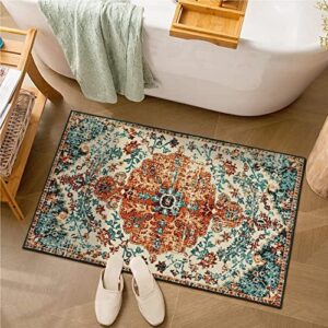 wonnitar boho bathroom rug,washable rug 2×3 small bath rug,vintage distressed throw mat for bedroom,non-slip entryway door mat low-pile floor carpet for kitchen laundry bedside,orange