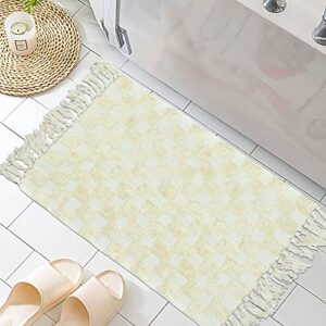 Zeeinx Boho Bathroom Rugs 2'x3' Cotton Hand Woven Area Rug with Tassels Cute Checkerboard Tufted Rug Farmhouse Throw Rug for Laundry Bedroom Living Room Entryway
