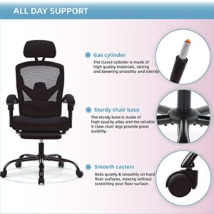 SMUG Office Reclining High Back Desk, Ergonomic Home Mesh, Tilt and Lock,Computer Swivel Task Chair with Lumbar Support Pillow,Adjustable Headrest,Retractable Footrest and Padded Armrests, Black