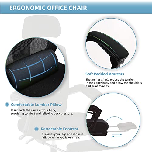 SMUG Office Reclining High Back Desk, Ergonomic Home Mesh, Tilt and Lock,Computer Swivel Task Chair with Lumbar Support Pillow,Adjustable Headrest,Retractable Footrest and Padded Armrests, Black