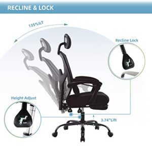 SMUG Office Reclining High Back Desk, Ergonomic Home Mesh, Tilt and Lock,Computer Swivel Task Chair with Lumbar Support Pillow,Adjustable Headrest,Retractable Footrest and Padded Armrests, Black