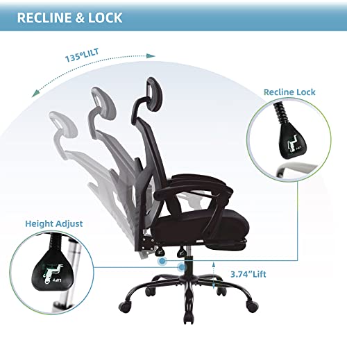 SMUG Office Reclining High Back Desk, Ergonomic Home Mesh, Tilt and Lock,Computer Swivel Task Chair with Lumbar Support Pillow,Adjustable Headrest,Retractable Footrest and Padded Armrests, Black