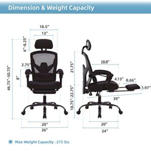 SMUG Office Reclining High Back Desk, Ergonomic Home Mesh, Tilt and Lock,Computer Swivel Task Chair with Lumbar Support Pillow,Adjustable Headrest,Retractable Footrest and Padded Armrests, Black