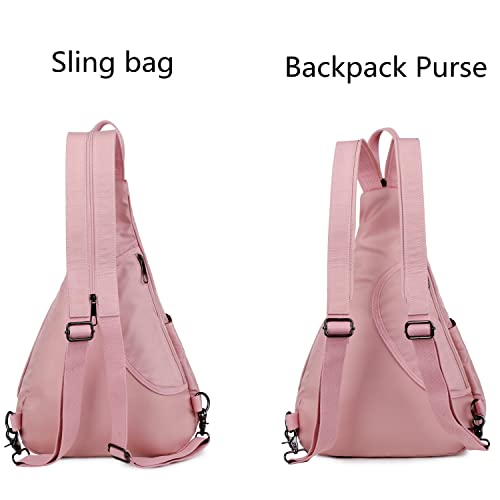 Waterproof Nylon Sling Backpack for Women Convertible Crossbody bag Casual Backpack Purse for Outdoor Travel Hiking XB-10 (Pink)