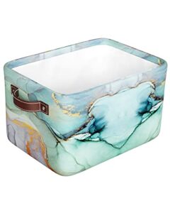 qumstemily marble storage bins for shelves, jade texture green teal collapsible storage boxes basket for bedroom/kitchen, closet organizers with handle, marble ink paint storage cubes – 1 pack