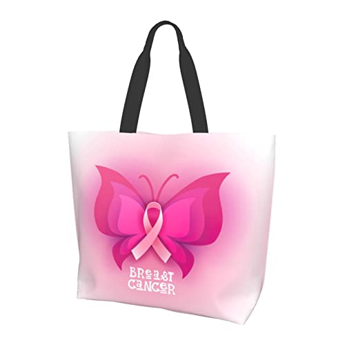 Ribbon Butterfly Breast Cancer Awareness Tote Bag For Women,Womens Tote Bags,Waterproof Tote Purse for Teacher,Gym,Work,School with interior Pocket