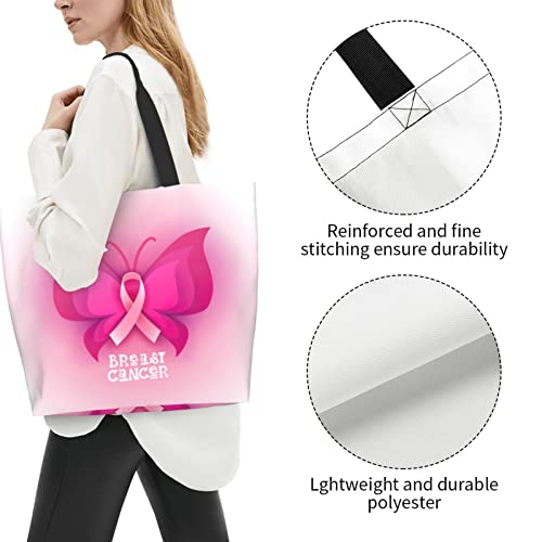 Ribbon Butterfly Breast Cancer Awareness Tote Bag For Women,Womens Tote Bags,Waterproof Tote Purse for Teacher,Gym,Work,School with interior Pocket