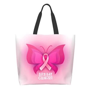 Ribbon Butterfly Breast Cancer Awareness Tote Bag For Women,Womens Tote Bags,Waterproof Tote Purse for Teacher,Gym,Work,School with interior Pocket