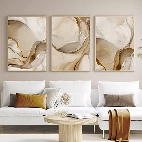 Abstract Marble Canvas Wall Art Modern Abstract Marble Art Prints Brown and Gold Marble Wall Art Marble Pictures Wall Decor Beige Marble Poster Canvas Painting for Bathroom Decor 16x24inchX3 Frameless