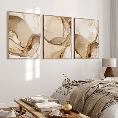 Abstract Marble Canvas Wall Art Modern Abstract Marble Art Prints Brown and Gold Marble Wall Art Marble Pictures Wall Decor Beige Marble Poster Canvas Painting for Bathroom Decor 16x24inchX3 Frameless