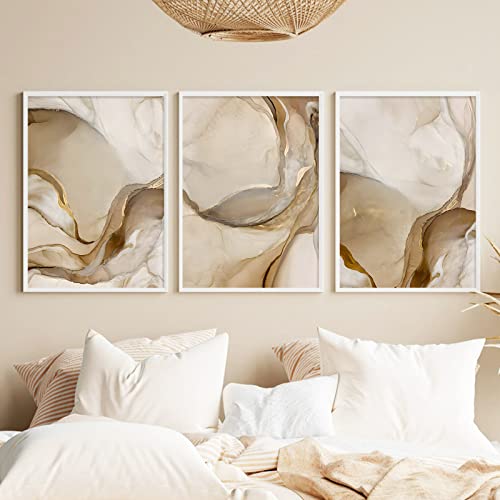 Abstract Marble Canvas Wall Art Modern Abstract Marble Art Prints Brown and Gold Marble Wall Art Marble Pictures Wall Decor Beige Marble Poster Canvas Painting for Bathroom Decor 16x24inchX3 Frameless