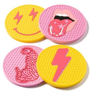 aellasnervalt 4pcs preppy car cup coaster smile face lightning bolt leopard lip silicone drink coasters non-slip heat resistant cups mat cup holders auto accessories for teen girls pink yellow 2.8 in