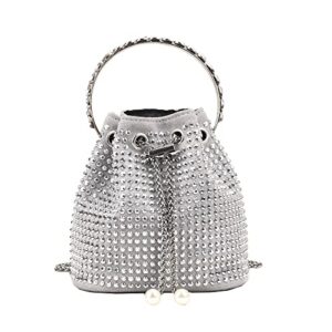 rhinestone bucket evening handbag for women – fashion crystal clutch purse bling bling crossbody satchel shoulder bag for party(sliver)