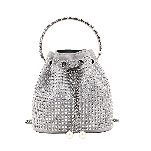 Rhinestone Bucket Evening Handbag for Women - Fashion Crystal Clutch Purse Bling Bling Crossbody Satchel Shoulder Bag for Party(Sliver)