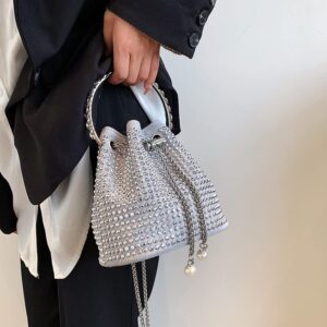 Rhinestone Bucket Evening Handbag for Women - Fashion Crystal Clutch Purse Bling Bling Crossbody Satchel Shoulder Bag for Party(Sliver)