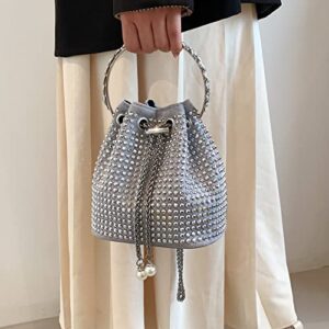 Rhinestone Bucket Evening Handbag for Women - Fashion Crystal Clutch Purse Bling Bling Crossbody Satchel Shoulder Bag for Party(Sliver)