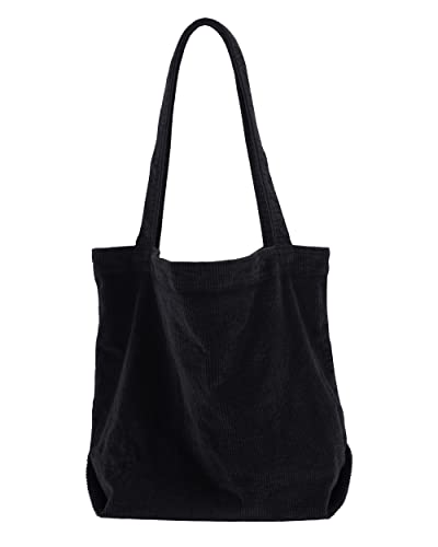 TCHH-DayUp Large Corduroy Tote Bag for Women Girl Casual Work Shoulder Handbags Simple Canvas Purse Black