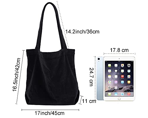 TCHH-DayUp Large Corduroy Tote Bag for Women Girl Casual Work Shoulder Handbags Simple Canvas Purse Black