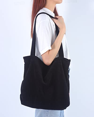 TCHH-DayUp Large Corduroy Tote Bag for Women Girl Casual Work Shoulder Handbags Simple Canvas Purse Black