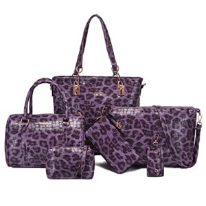ziming 6-pcs handbags set women purses leopard print & crocodile pattern pu leather totes shoulder bags satchel top handle handbag wallet-purple
