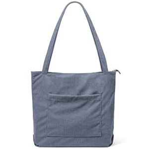 captain blues corduroy tote bag with zipper large capacity aesthetic cute tote bags for women casual school bag with pockets for work college travel shopping daily use (grey blue)