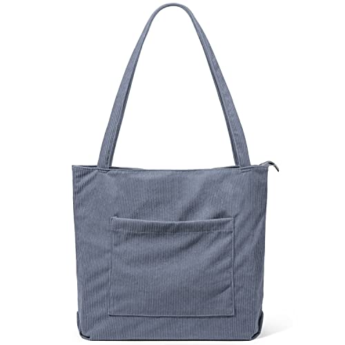 Captain Blues Corduroy Tote Bag with Zipper Large Capacity Aesthetic Cute Tote Bags for Women Casual School Bag with Pockets for Work College Travel Shopping Daily Use (Grey Blue)