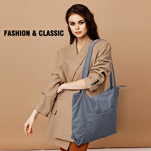 Captain Blues Corduroy Tote Bag with Zipper Large Capacity Aesthetic Cute Tote Bags for Women Casual School Bag with Pockets for Work College Travel Shopping Daily Use (Grey Blue)