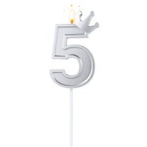 3inch crown number candle, bright silver 3d birthday number candle cake topper with crown cake numeral candles number candles for birthday anniversary parties (number 5)