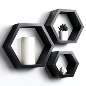 set of 3 pine wood hexagon shelves for wall decor – farmhouse honeycomb shelves for living room decor, kitchen storage, wall mount rustic boho shelves