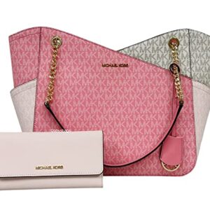 Michael Kors Jet Set Travel Large Chain Shoulder Tote Tea Rose Pink MK Signature Bundled Jet Set Travel Large Trifold Wallet Powder Blush Pink Saffiano