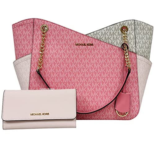 Michael Kors Jet Set Travel Large Chain Shoulder Tote Tea Rose Pink MK Signature Bundled Jet Set Travel Large Trifold Wallet Powder Blush Pink Saffiano