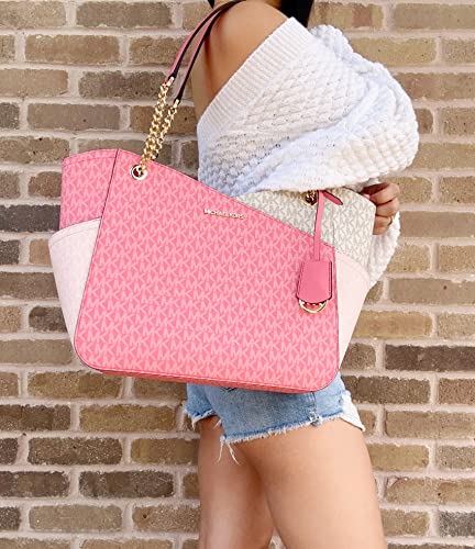 Michael Kors Jet Set Travel Large Chain Shoulder Tote Tea Rose Pink MK Signature Bundled Jet Set Travel Large Trifold Wallet Powder Blush Pink Saffiano