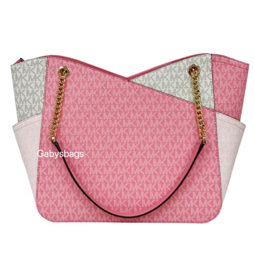 Michael Kors Jet Set Travel Large Chain Shoulder Tote Tea Rose Pink MK Signature Bundled Jet Set Travel Large Trifold Wallet Powder Blush Pink Saffiano