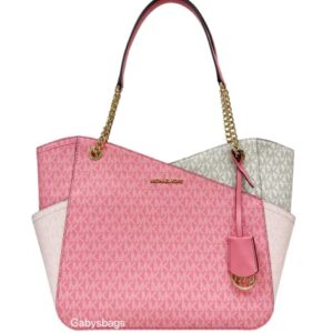 Michael Kors Jet Set Travel Large Chain Shoulder Tote Tea Rose Pink MK Signature Bundled Jet Set Travel Large Trifold Wallet Powder Blush Pink Saffiano