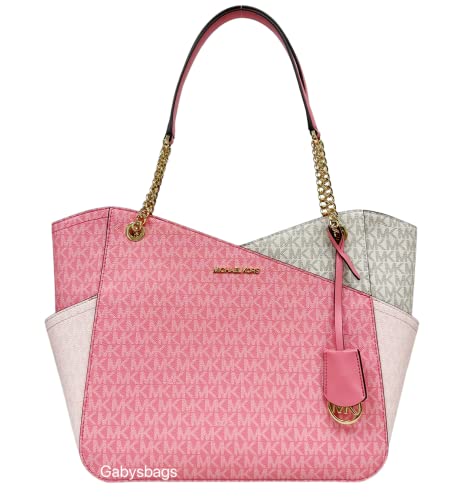 Michael Kors Jet Set Travel Large Chain Shoulder Tote Tea Rose Pink MK Signature Bundled Jet Set Travel Large Trifold Wallet Powder Blush Pink Saffiano