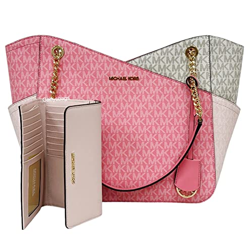 Michael Kors Jet Set Travel Large Chain Shoulder Tote Tea Rose Pink MK Signature Bundled Jet Set Travel Large Trifold Wallet Powder Blush Pink Saffiano