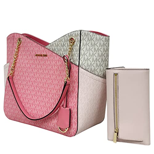 Michael Kors Jet Set Travel Large Chain Shoulder Tote Tea Rose Pink MK Signature Bundled Jet Set Travel Large Trifold Wallet Powder Blush Pink Saffiano